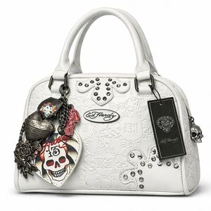 NWT Ed Hardy Skull Embossed Satchel Bag White Rhinestone Charm Crossbody